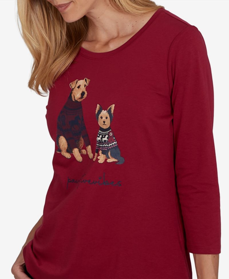 Petite Pawsitive Graphic Boat Neck 3/4-Sleeve Cotton-Blend T-Shirt
