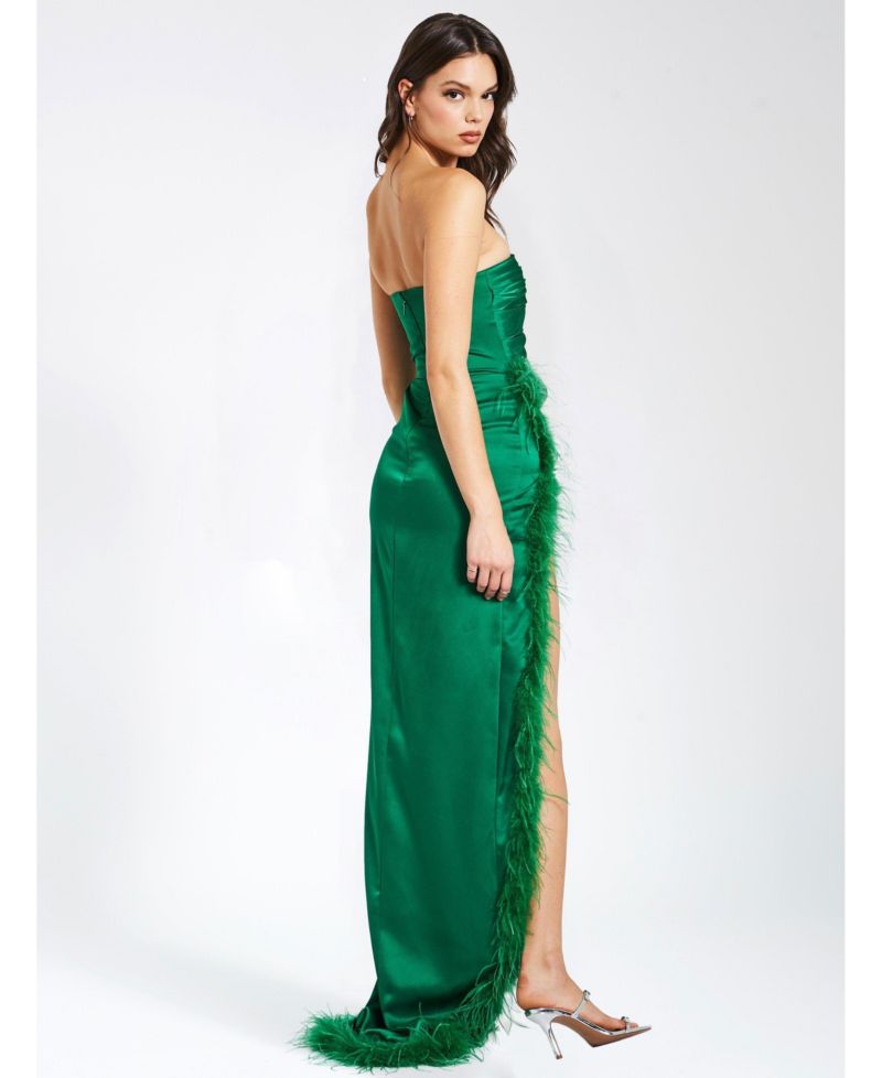 Women's Perrin Emerald Green Feather Dress High Slit Gown