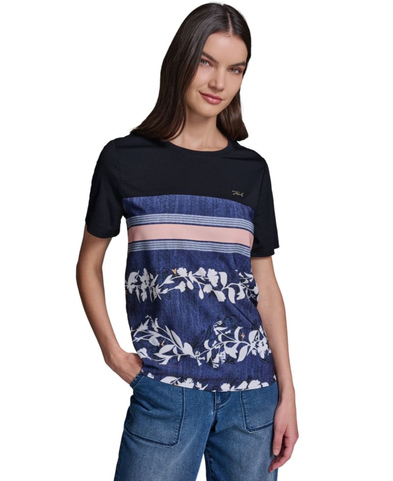 Women's Short-Sleeve Mix-Media Printed Knit Top