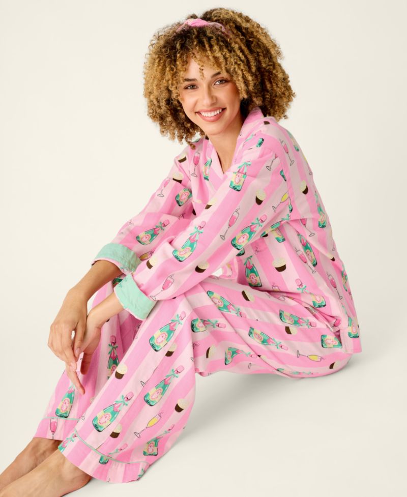 Women's Flannel Long-Sleeve Print Top and Pants, 2-Piece Set
