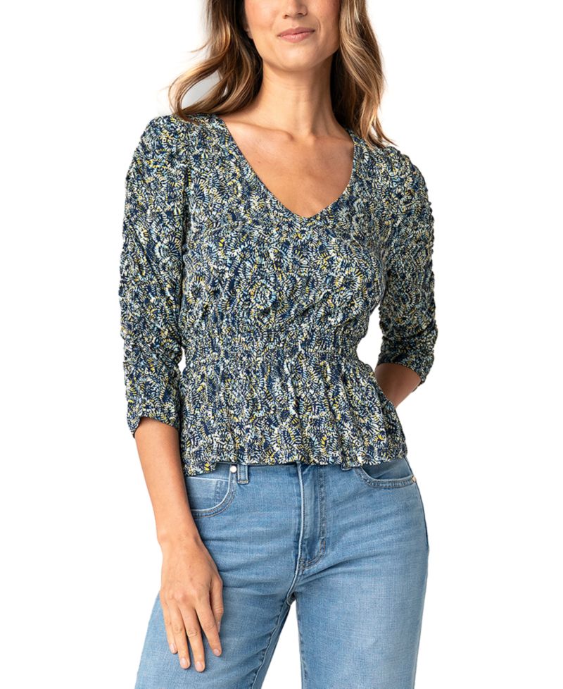Women's Ruched-Sleeve V-Neck Knit Top