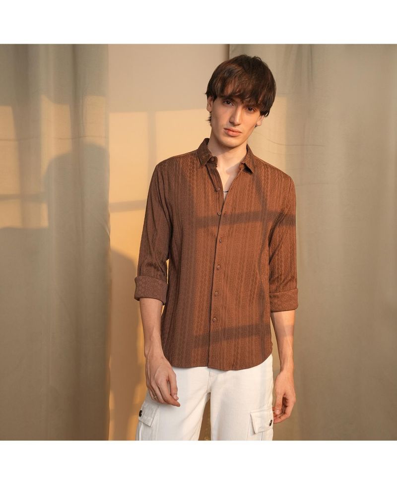Men's Chocolate Brown Geometric-Textured Knit Shirt