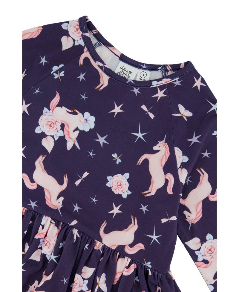 Girls' (6-12) Long Sleeve Unicorn Print Dress