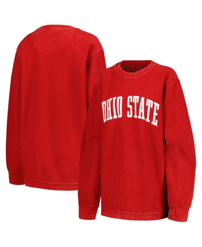 Women's Scarlet Distressed Ohio State Buckeyes Comfy Corded Vintage-Like Wash Basic Arch Pullover Sweatshirt