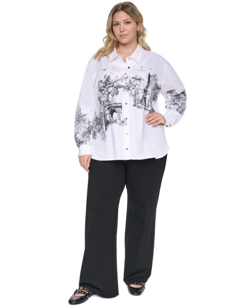 Plus Size City Scene Poplin Collared Long-Sleeve Top