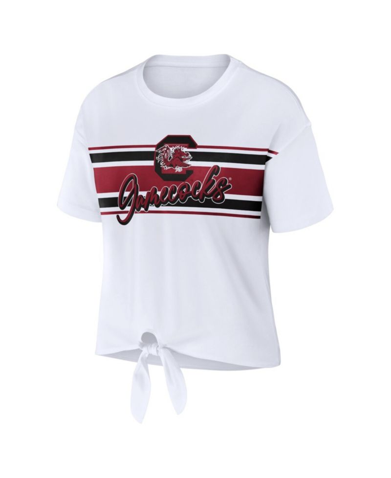 Women's White South Carolina Gamecocks Striped Front Knot Cropped T-Shirt