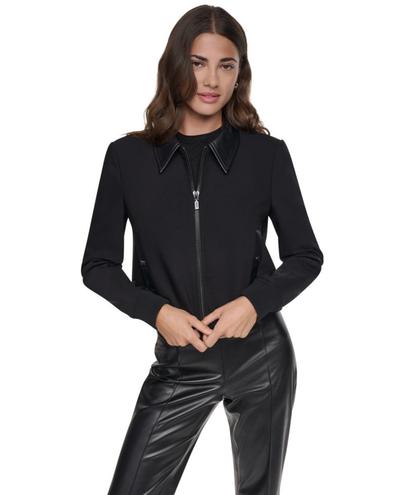 Women's Faux-Leather Moto Cropped Bomber Jacket