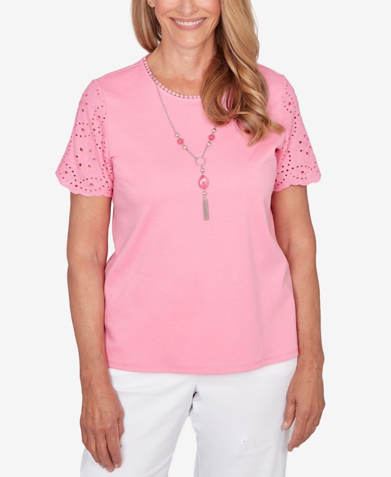 Petite Classic Solid Eyelet Sleeve Top with Necklace