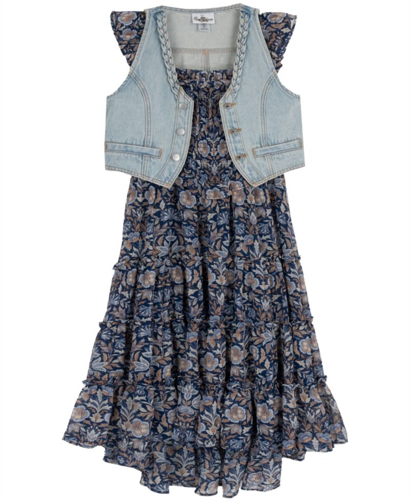 Girls' 7-16 Floral Print Sleeveless Dress and Denim Vest, 2-Piece Set