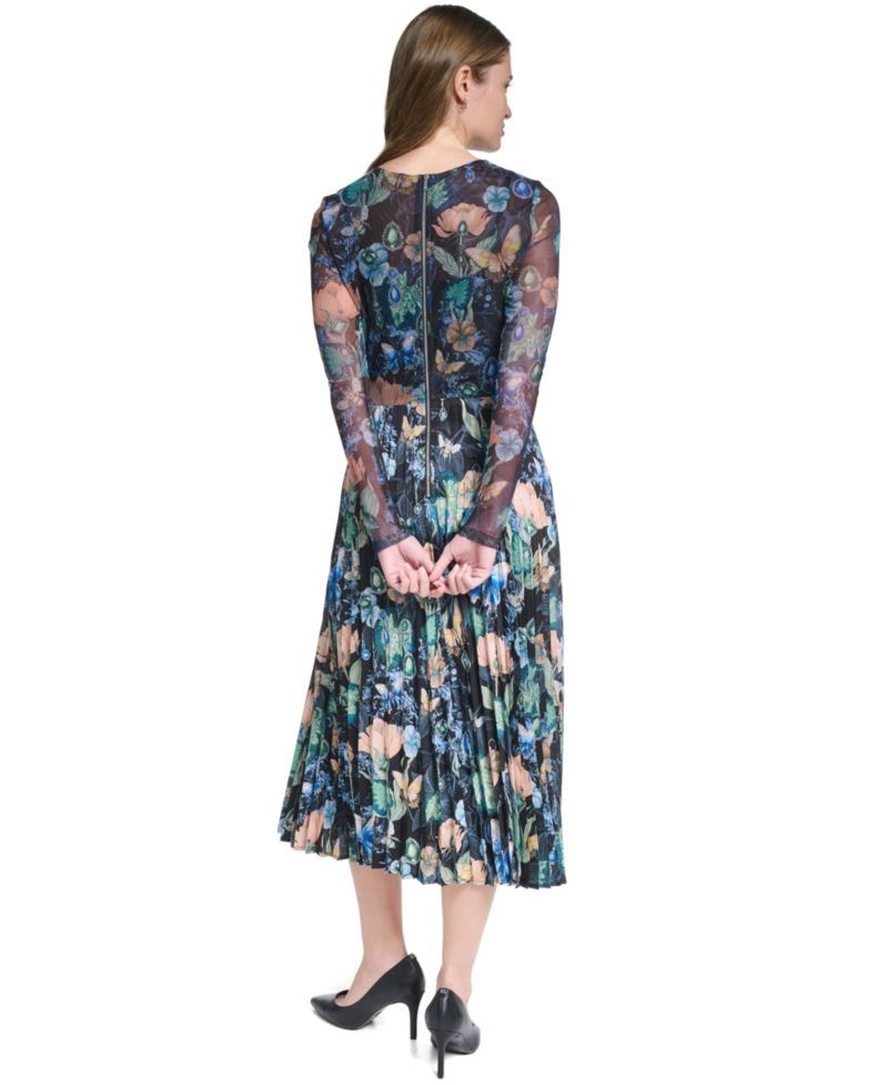 Women’s Printed Mesh Long-Sleeve Crewneck Dress