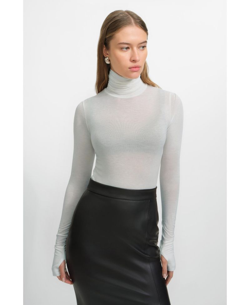 Women's Eloise Extra-Long Sheer Jersey Fitted Turtleneck with Thumbholes