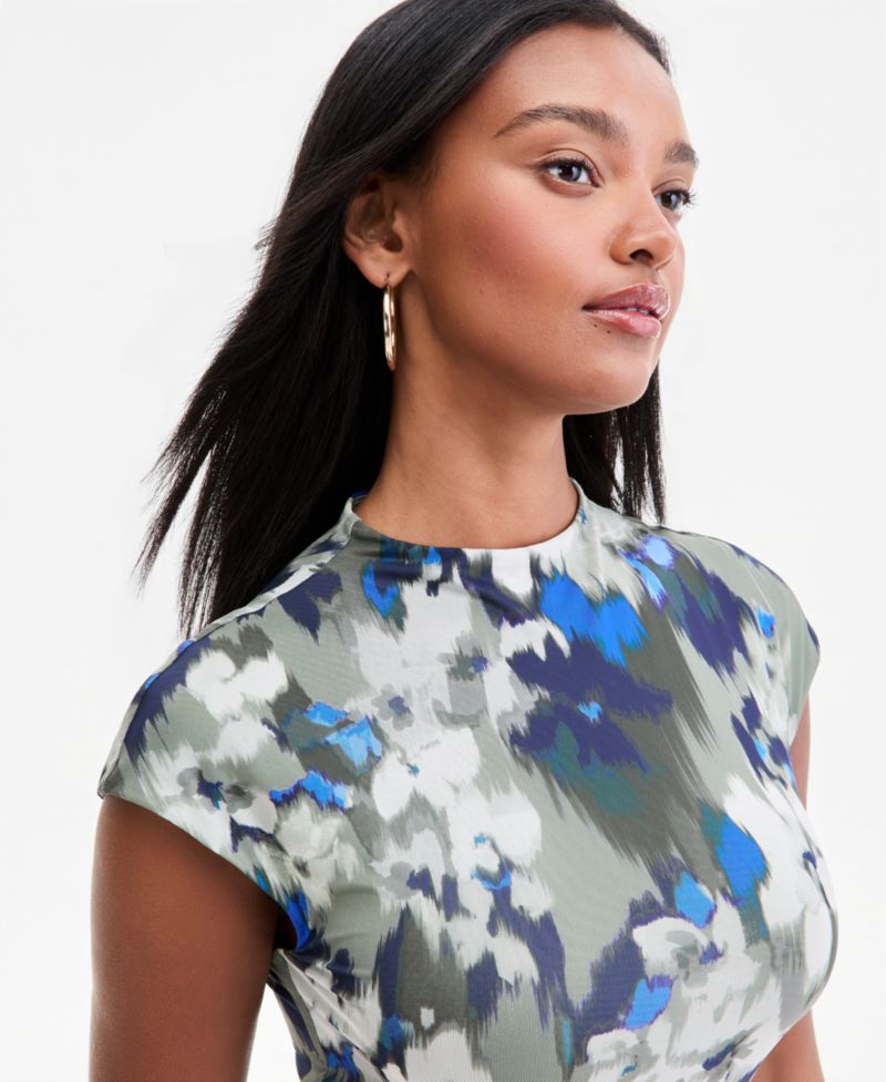 Women's Mock Neck Short-Sleeve Print Bodycon Midi Dress