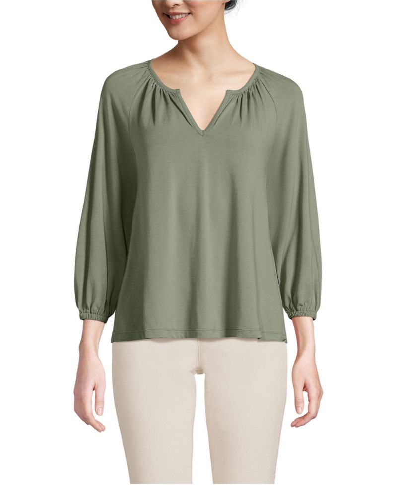 Women's Lightweight Jersey 3/4 Sleeve Notch Neck Gather Blouse