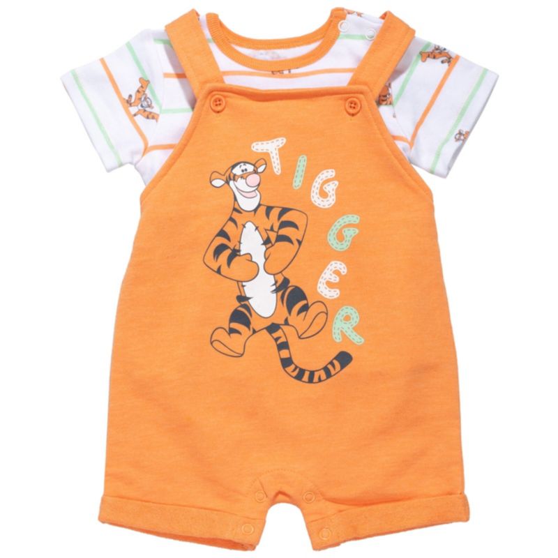 Baby Boys Tigger French Terry Short Overalls T-Shirt and Hat 3 Piece Outfit Set