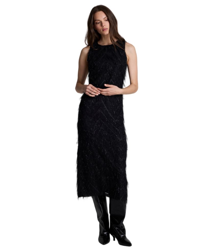 Women's Sleeveless Novelty Fringed Organza Midi Dress