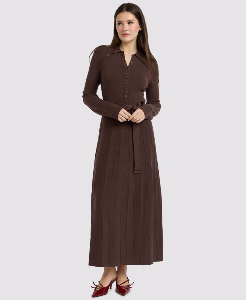 Women's Collared Button-Front Tie-Waist Pleated Knit Maxi Dress