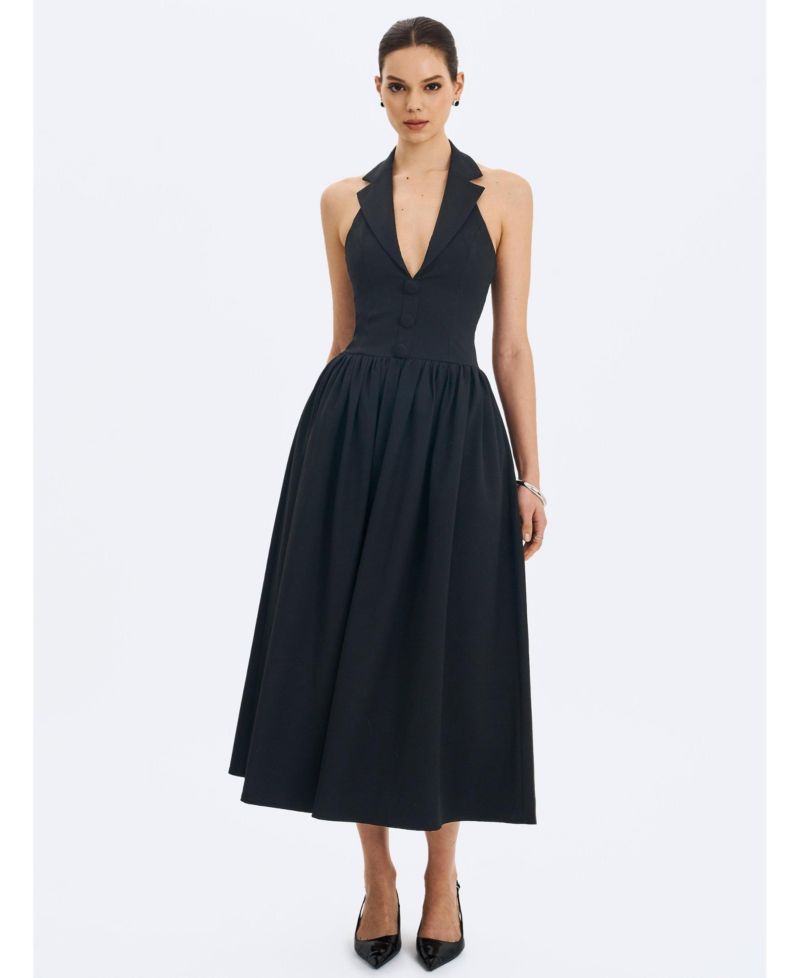 Women's Delaney Black Lapel Halter Midi A-Line Dress