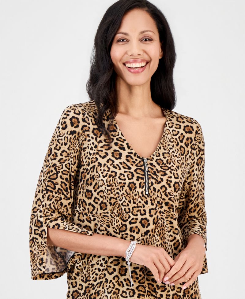 Petite Bold Leo 3/4-Sleeve Leopard-Print Zip-Front Top