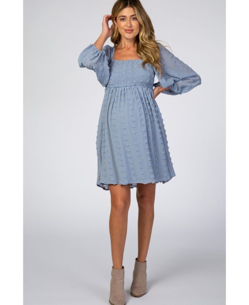 Women's Black Textured Dot Smocked Square Neck Chiffon Dress