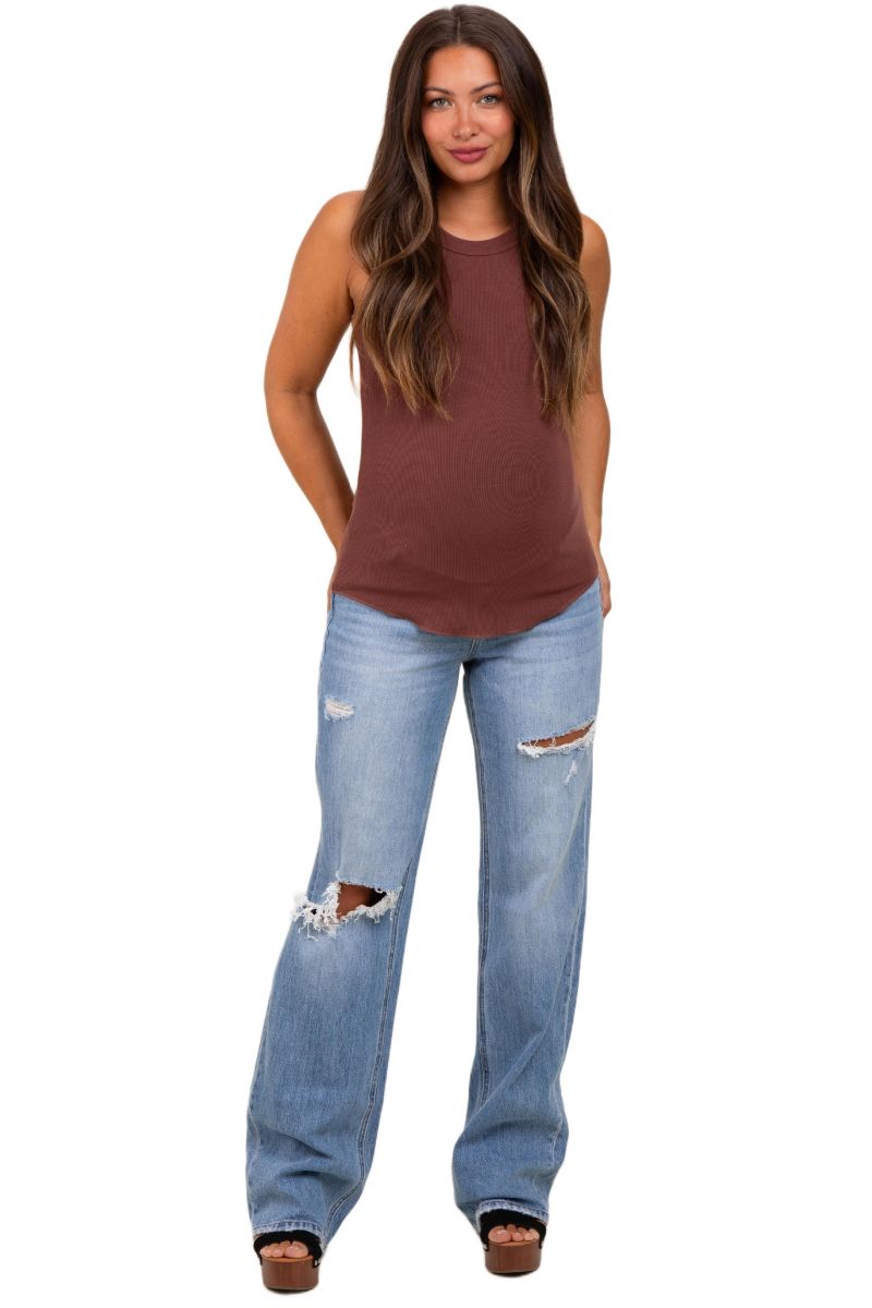 Women's Light Blue Distressed Open Knee Straight Leg Jeans