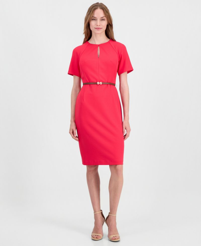 Women's Belted Scuba Crepe Sheath Dress