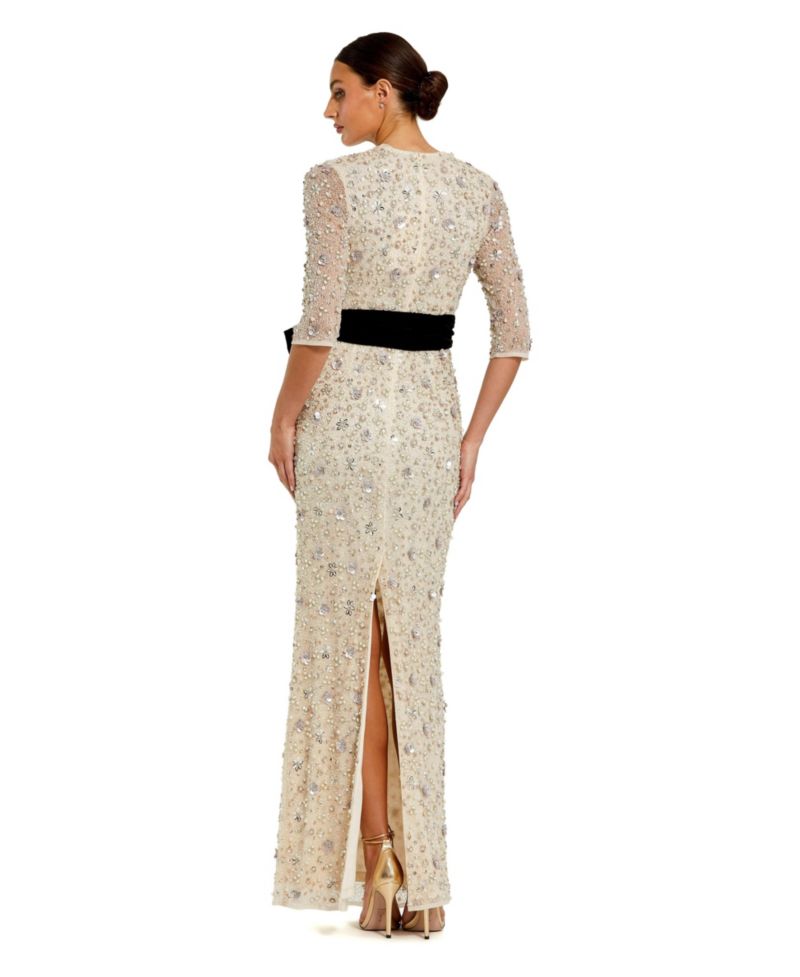 Women's Embellished Mesh Column Gown with Velvet Bow