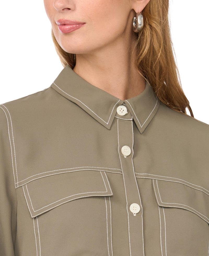 Women's Contrast Stitch Button Front Collared Top