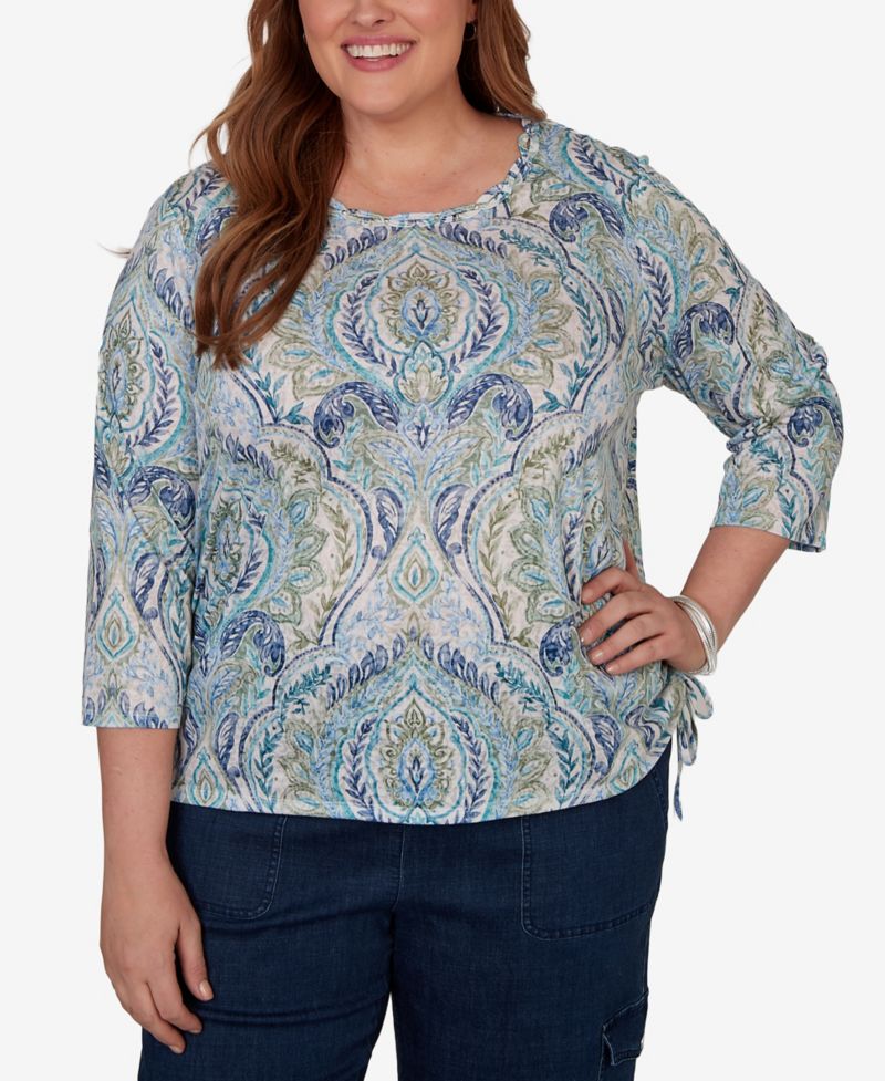 Plus Size Medallion Print Braided Neck Top