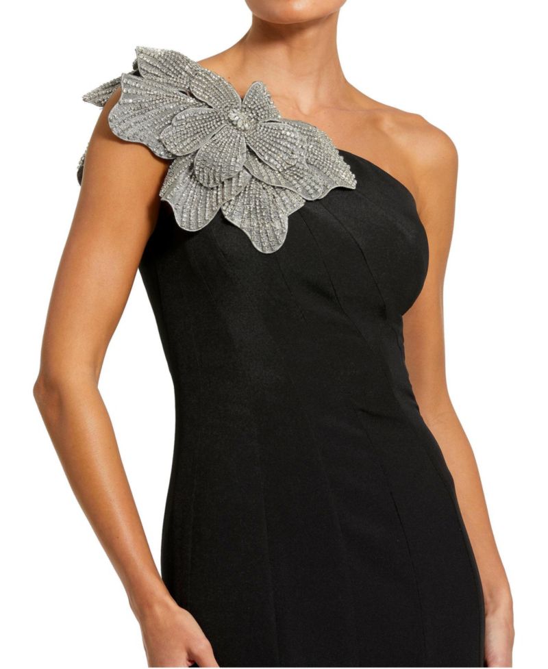 Petite Crepe One Shoulder Gown With Flower Detail