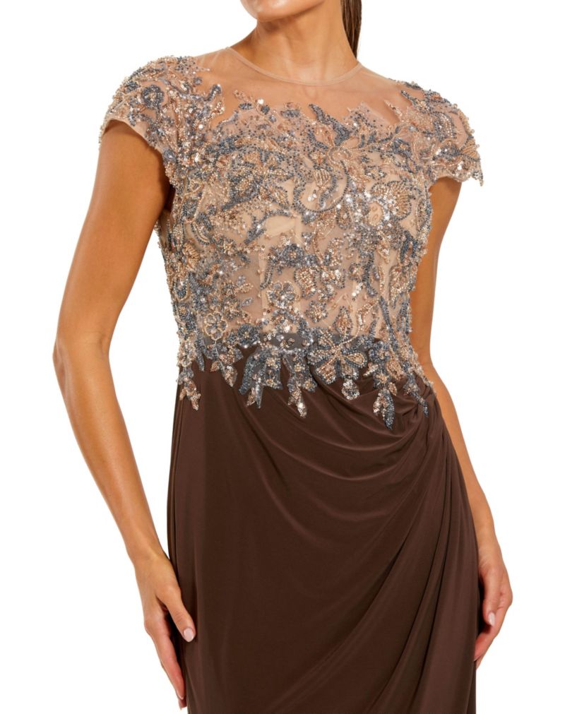 Women's Crystal-Embellished Jersey Evening Gown with Sheer Bodice