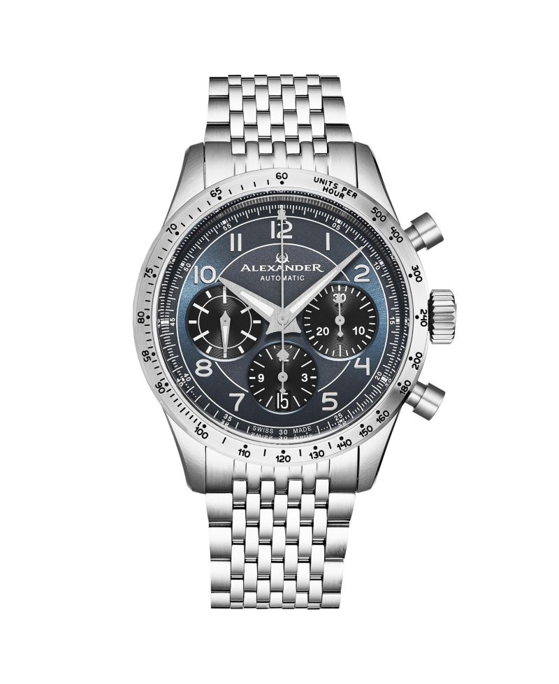 Megalos Men's Swiss Automatic Chronograph 43mm Silver Tone Stainless Steel Case Blue Dial Sapphire Crystal 100M Water Resistant
