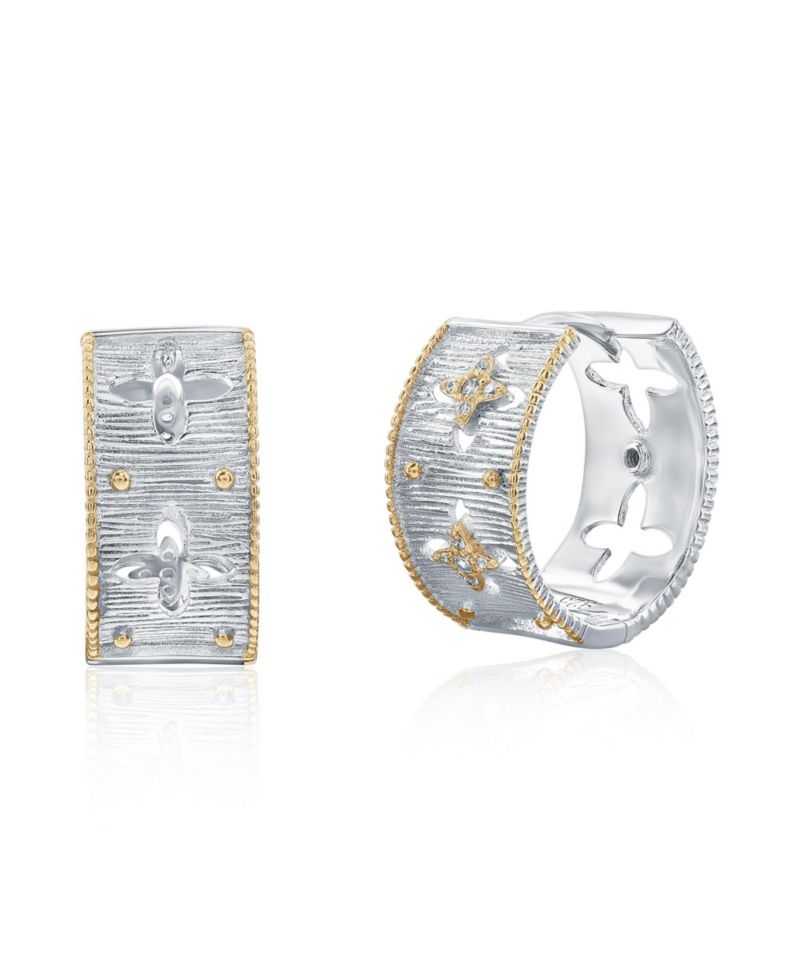 Sterling Cubic Zirconia Florentine Motif Huggie Hoop Earrings