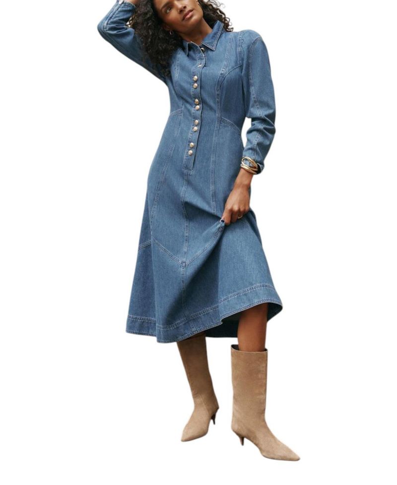 Women's Denim Midi Classic Colllar Shirt Dress