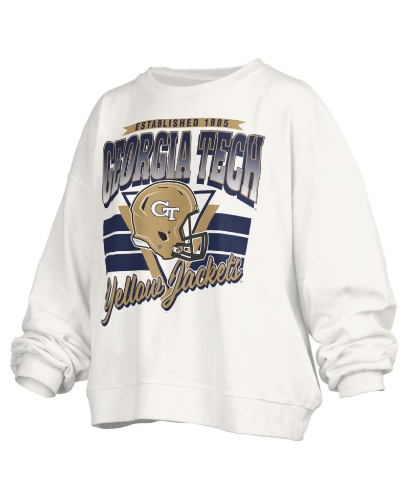 Women's White Georgia Tech Yellow Jackets Oversized Janice Retro Waist-Length Pullover Sweatshirt