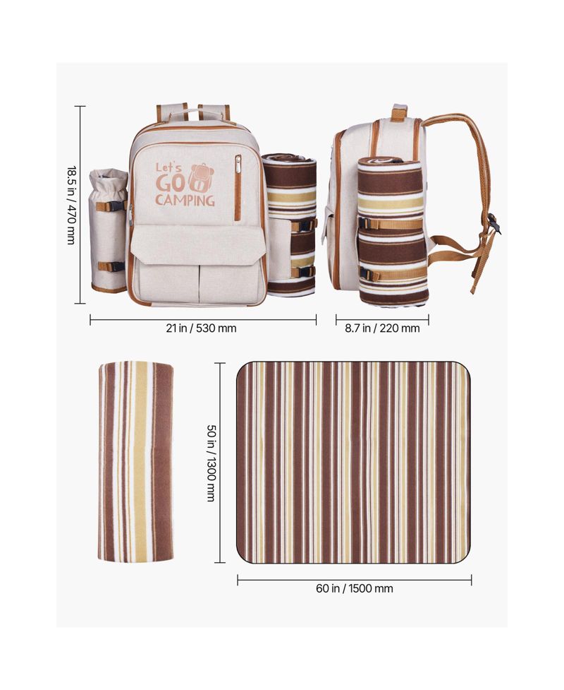 Picnic Backpack for 4 with Insulated Cooler, Blanket, Plates and Cutlery Set, 20 L