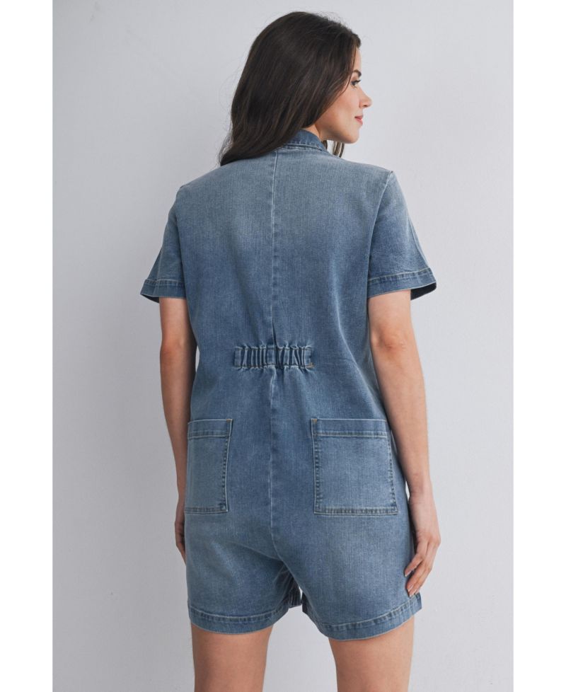 Maternity Nursing-Friendly Button Down Collared Short Sleeve Romper
