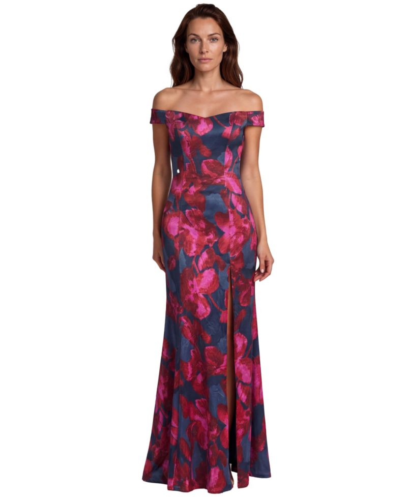 Women's Off-the-Shoulder Floral-Print Scuba Gown