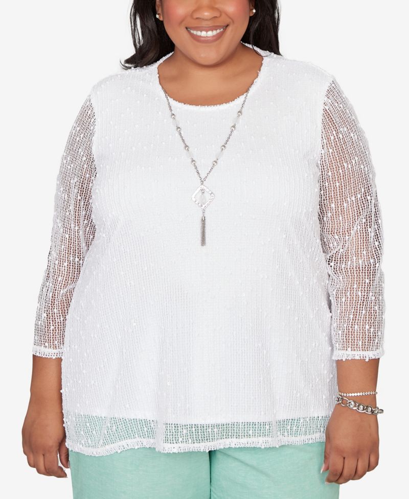 Plus Size Caribbean Blues Popcorn Mesh Solid Top with Necklace