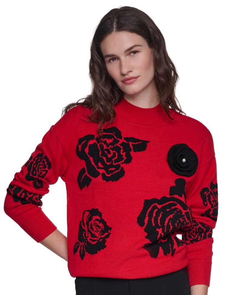 petite Mock-Neck Long-Sleeve Floral Sweater