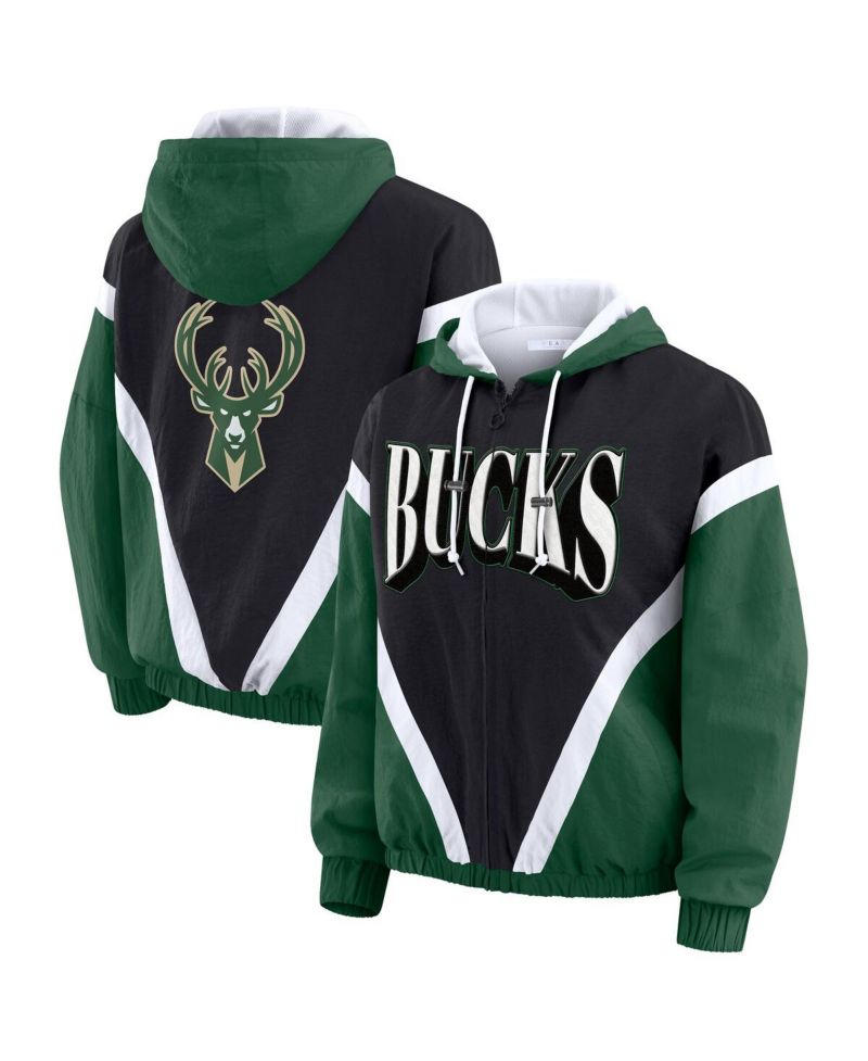 Women's Black/Hunter Green Milwaukee Bucks Color Block Full-Zip Hoodie Windbreaker Jacket
