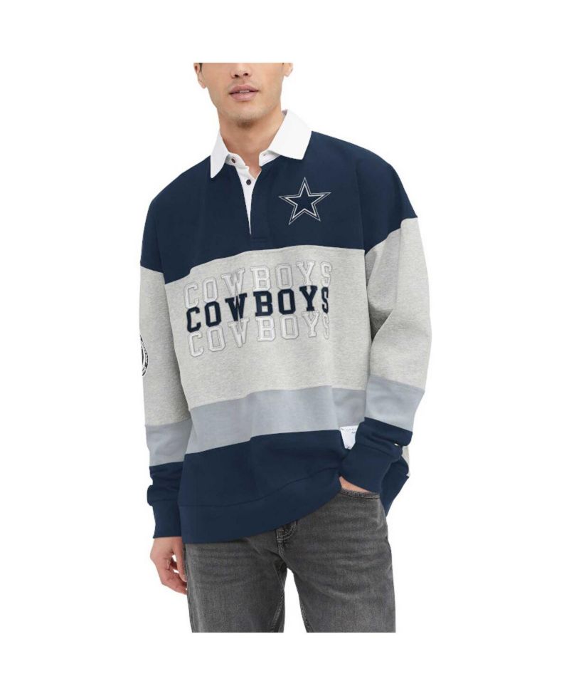 Men's Heather Gray, Navy Dallas Cowboys Connor Oversized Rugby Long Sleeve Polo Shirt