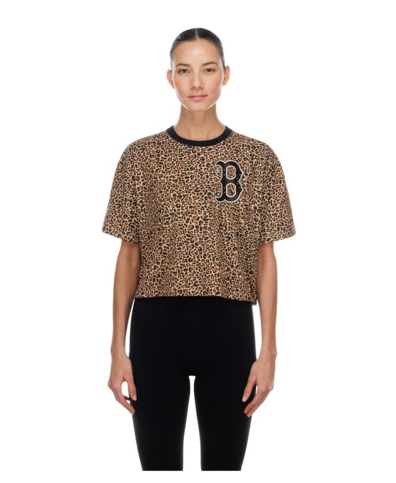 Women's Brown Boston Red Sox Leopard Boxy Cropped T-Shirt