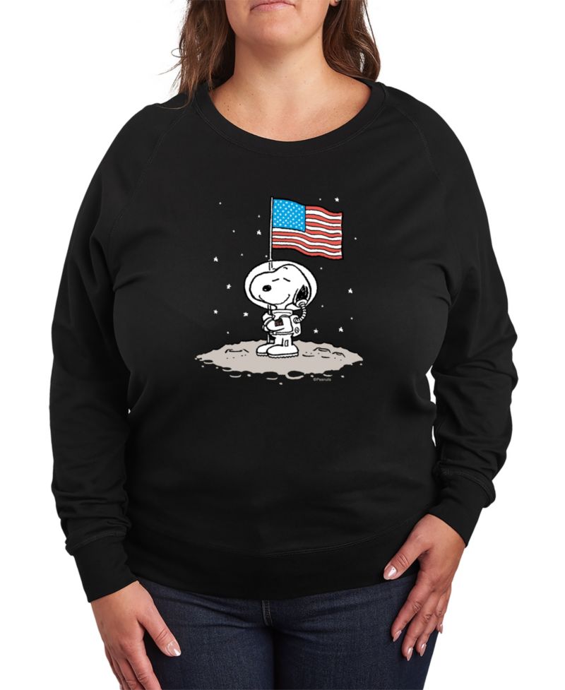 Plus Size Peanuts Snoopy Astronaut American Flag French Terry Graphic Crewneck T-Shirt