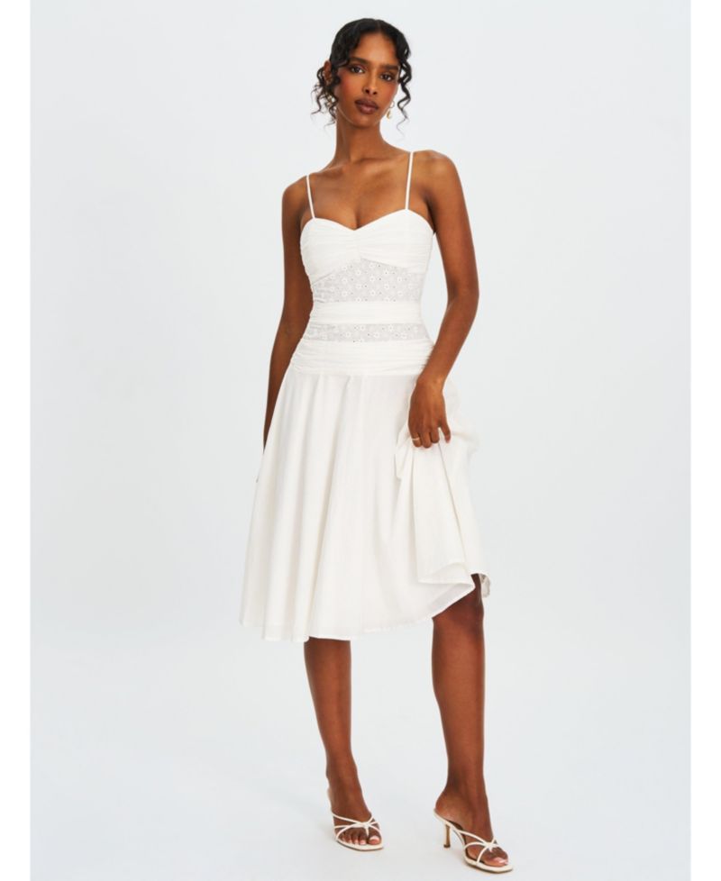 Women's Maelis White Eyelet Drop Waist Cotton Midi Dress