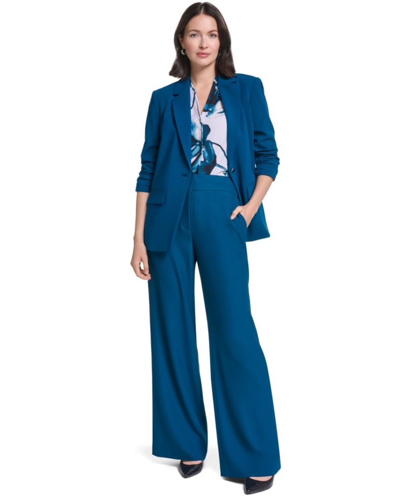 Women's Ruched 3/4-Sleeve Notch Collar One-Button Jacket