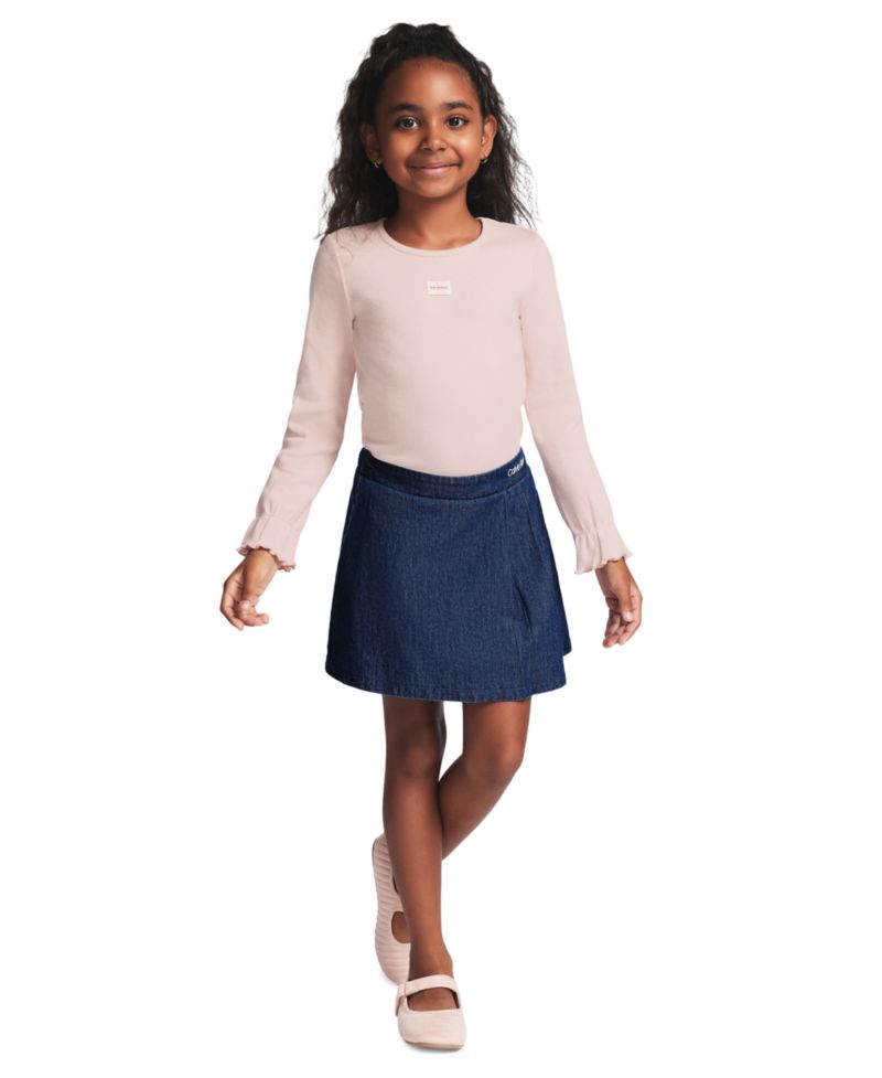 Girls' 2T-6X Long-Sleeve Top and Denim Skort, 2-Piece Set