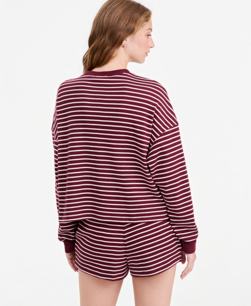 Women's Stripe Lounge Crew Waffle-Knit Crewneck Pullover Sweater