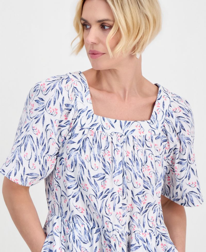 Petite Printed Square-Neck Short-Sleeve Cotton Dress