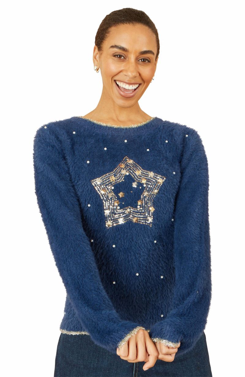 Women's Fluffy Star Holiday Sweater