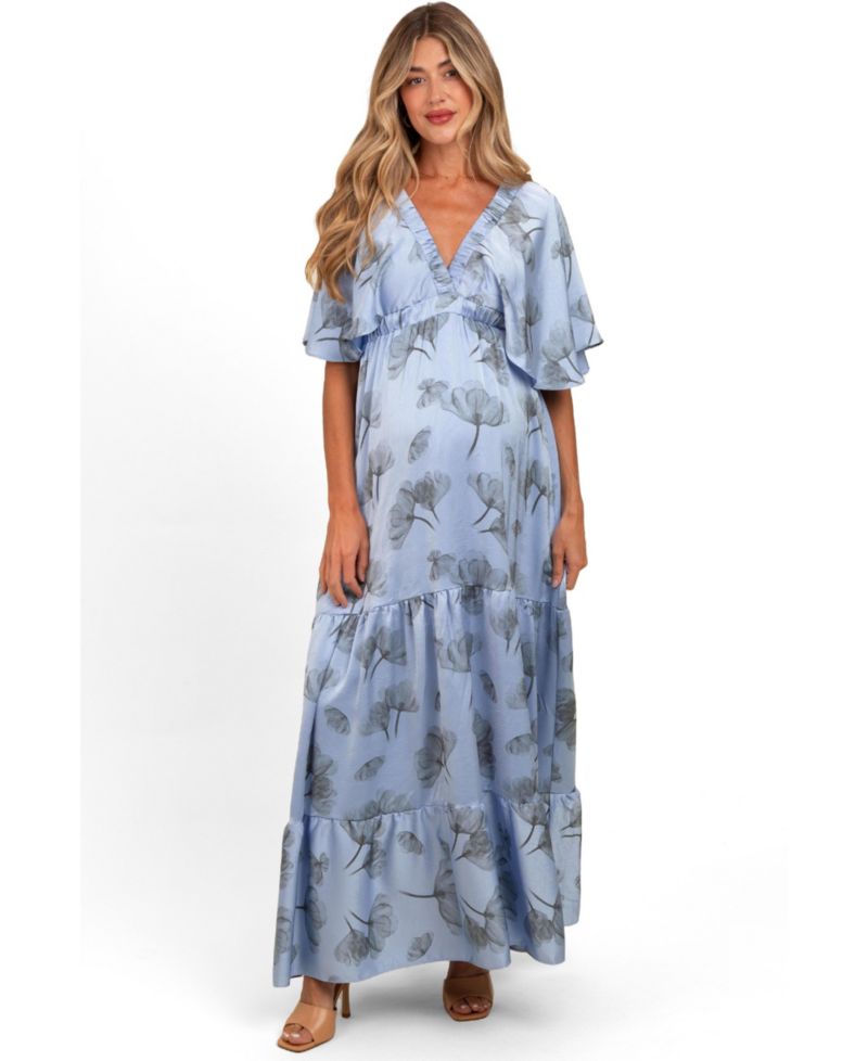 Maternity Floral Satin Deep V-Neck Maxi Dress